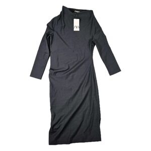 Zara Maxi Dress Womens Medium Dark Gray Ruched Asymmetrical Long Sleeve NWT